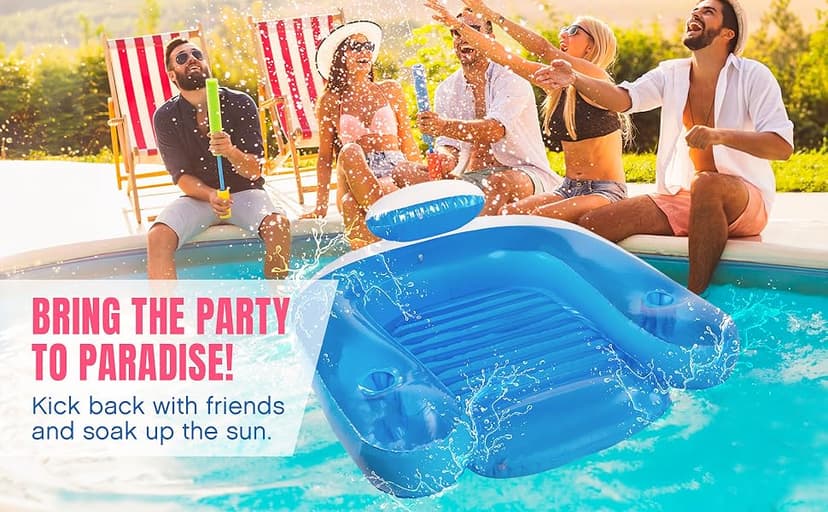 Poolmaster Paradise Water Chair, Inflatable Adult Pool Float Lounge Chair with Backrest, Armrests & Dual Cup Holders, Comfortable Floating Seat for Pool, Lake, Beach or River Relaxation