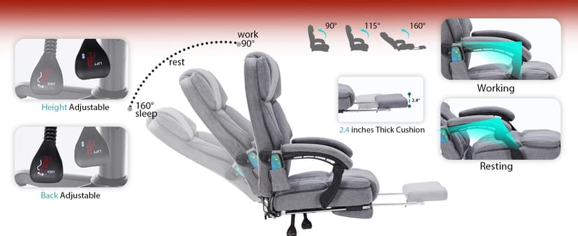 Massage Office Chair with Heat,Reclining Office Chair with Foot Rest,6 Points Vibration Home Desk Chairs for Heavy People 400lbs,Ergonomic Managerial Executive Chair (Grey)