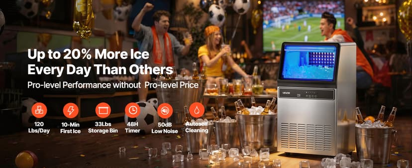 VEVOR Commercial Ice Maker Machine, 130Lbs/24H with 33Lbs Storage, 45 Cubes per Cycle, Stainless Steel Freestanding & Under Counter Ice Maker with LED Display & Self-Cleaning, for Home Bar Restaurant