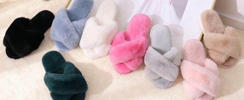 Evshine Women's Fuzzy Slippers Cross Band Memory Foam House Slippers Open Toe