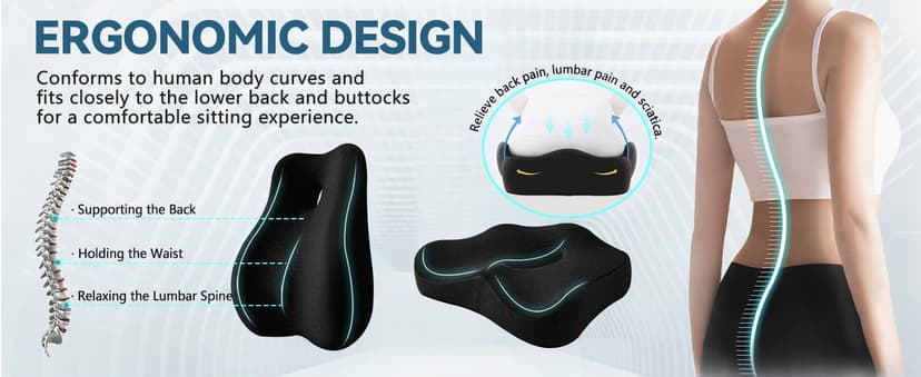 Seat Cushion & Lumbar Support Pillow for Office Chair,Memory Foam Chair Cushions for Tailbone Pain, Non-Slip Back Support for Desk,Gaming Chair,Wheelchair, Breathable & Machine Washable