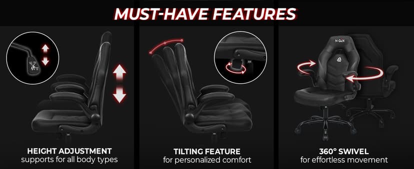 N-GEN Video Gaming Chair Ergonomic Computer Desk Office Chair with Lumbar Support Adjustable Height Swivel Wheels Flip-Up Arms PU Leather Home and Office (Black)