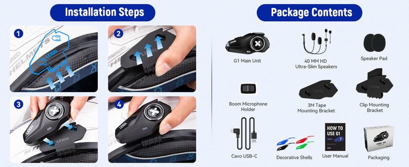 LEXIN G1 Motorcycle Helmet Bluetooth Headset, Helmet Speakers with 2 Type Microphones, Waterproof Motorcycle Headphones with HD Stereo Sound, Hands-Free Call/Music/GPS, 4 Color Faceplates, Single Use