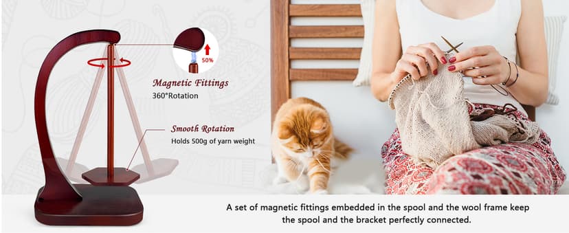 JUCPASH Yarn Holder for Crocheting and Knitting, Wooden Yarn Spinner with Magnetic Rotating Mechanism and Anti-Slip Pads, Crochet Gift for Knitting Lovers - Brown