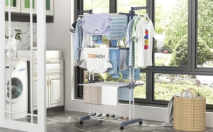 HOMIDEC Clothes Drying Rack, Oversized 4-Tier(67.7" High) Foldable Stainless Steel Drying Rack Clothing, Movable Drying Rack with 4 castors, 24 Drying Poles and 14 Hooks for Bed Linen, Clothing, Grey