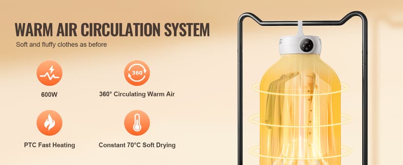 VEVOR Portable Clothes Dryer with Dryer Bag, PTC Heating & LED Display, Foldable Mini Dryer with 5-H Timer for Apartments, Dorms, RVs, or Hotels, 600W, Beige