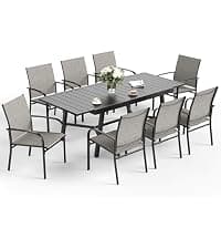SUNSHINE VALLEY 7 Piece Patio Dining Set for 6, Rectangular Metal Table with Umbrella Hole, 6 Brown Dining Chairs, Outdoor Table and Chairs Set for Lawn Backyard and Deck