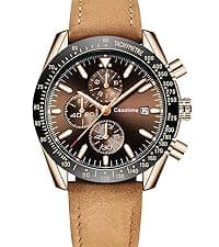 Casotime Men's Leather Band Chronograph Watch - 30M Waterproof Big Face Analog Quartz Date - Work Sport Casual Classical Fashion Designer Dress Wrist Watch - Elegant Gift for Men