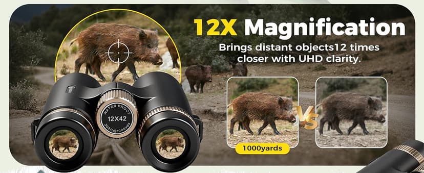 12x42 UHD Binoculars for Adults High Powered Waterproof Large View with Clear Vision & Compact Binocular Essentials for Hunting Camping Cruise Travel Bird Watching Sports