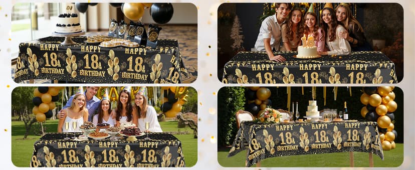 Labeol 3 Pack 18th Birthday Tablecloth, Black and Gold Happy 18th Birthday Decorations, Disposable Plastic Rectangular Table Cover Party Supplies for Boys Girls