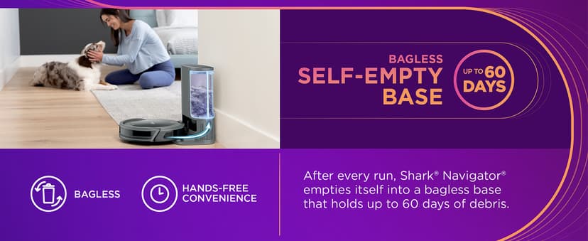 Shark Navigator Robot Vacuum and Self-Empty Base with Bagless 60-Day Capacity Self-Empty Base, SmartPath Navigation, Powerful Pet Hair Pickup, Anti-Hair Wrap, For Carpets & Hard Floors, Grey, RV2120AE