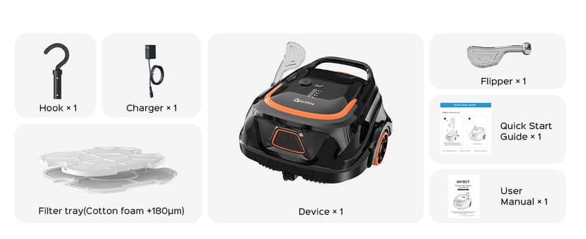 Robotic Pool Vacuum for Above Ground Pools, Dual Filters, Self-Parking, 120-Min Runtime & 2.5h Fast Charging, Powerful Suction, Ideal for Flat Pools up to 1076 sq.ft (Black Tangerine)