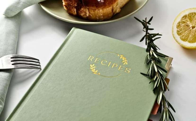 Blank Recipe Notebook | Small Blank Recipe Book to Write in Your Own Recipes | Artisan Hardcover Journal for 60 Recipes | 8.4” x 6” Leather Sage Green & Gold Hardcover | Tabs, Stickers, Pocket & Bookmarks B0D9KZP8TG