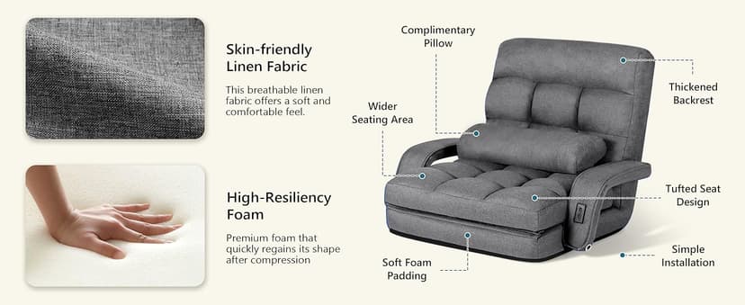 STHOUYN Comfy Floor Chair Bedroom 2 USB Charging Ports, 5-Position Couch Gaming Lounge Chairs Adults, Indoor Folding Lazy Sofa Meditation Arm Dorm Chair Living Room (Grey)