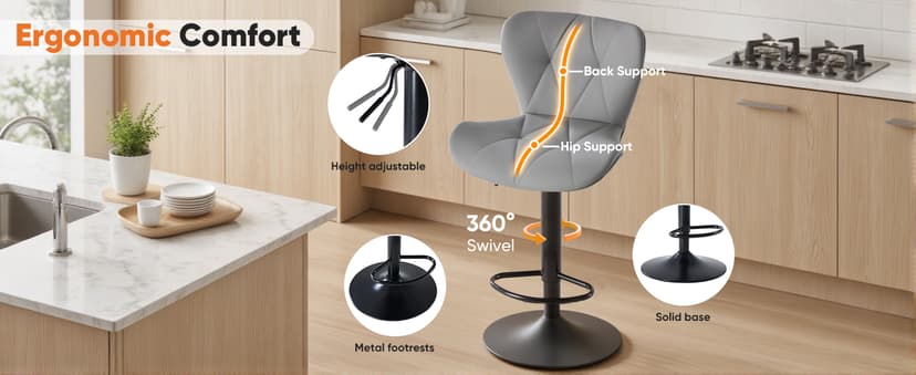 Sweetcrispy Modern Bar Stools Set of 4, Adjustable Faux Leather Upholstered Swivel Bar Stools, Counter Height Bar Chairs with Back for Kitchen Island, Grey