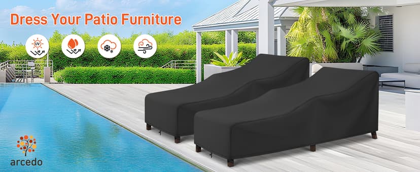 Arcedo Patio Chaise Lounge Cover Water Resistant, 2 Pack of Pool Lounge Chair Covers for Outside Stackable Cushions and Outdoor Furniture, 80" x 30" x 26" H, Black