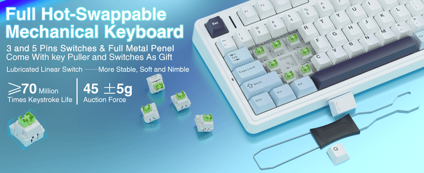 AULA F75 75% Wireless Mechanical Keyboard, Hot Swappable Creamy Keyboard, Pre-lubed Reaper Switches, 2.4GHz/Type-C/BT5.0, RGB Backlit Gaming Keyboards(White & Blue)