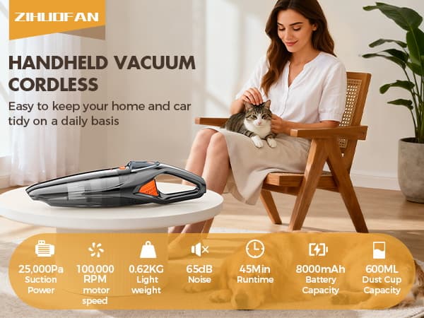 Handheld Vacuum Cordless 25000PA Powerful Suction, Portable Car Vacuum, 3 in 1 Hand Held Vacuum Rechargeable 8000mAh with LED Light, HEPA Filter, Home, Car Seats, Office, Pet Hair, Dust Buster