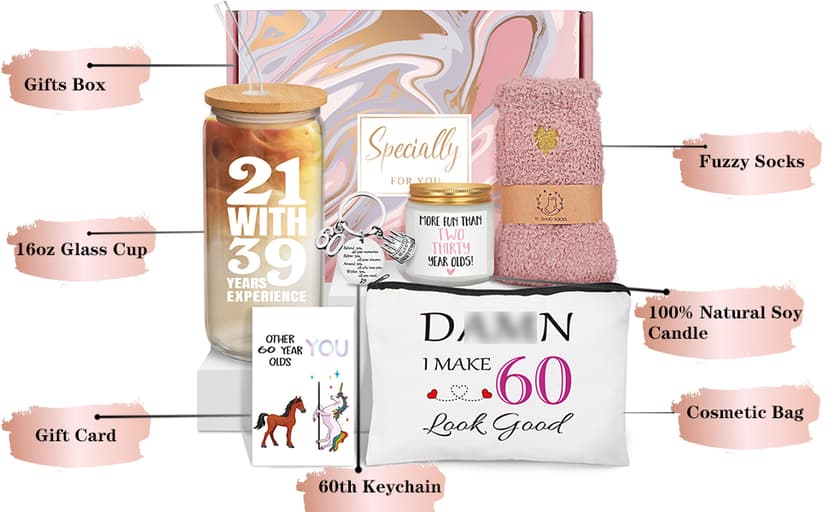 60th Birthday Gifts for Women, Funny 60th Birthday Gift Ideas, 21 with 39 Years Experience, Unique 60th Birthday Gifts for Her, Happy 60 Birthday Gifts, Gifts for 60th Mom Sister Friend Coworker