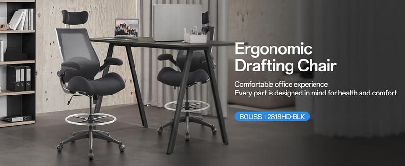 BOLISS Drafting Tall Office Chair 400lbs High Back Wide Standing Desk Chair Comfortable with Flip up Armrests Lumbar Support Adjustable Big Footrest Ring(Black)