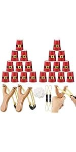 Leitee Christmas Party Games for Family Kids Adults Christmas Games with 24 Stacking Cup 2 Wooden Slingshot 2 Spare Slingshot Rubber Band 20 Felt Fake Snowball for Toss Carnival Parties Group Xmas Fun