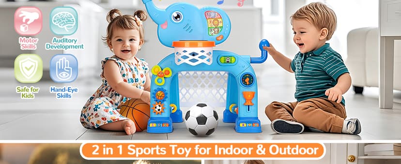 Toddler Basketball Hoop & Soccer Goal, Toys for 1 2 3 Year Old Boys Girls, Kids Sports Toy with Light Sound Music, Montessori Toys for Baby 12-18 Months, Christmas Birthday Gifts for Ages 1-3(Blue)