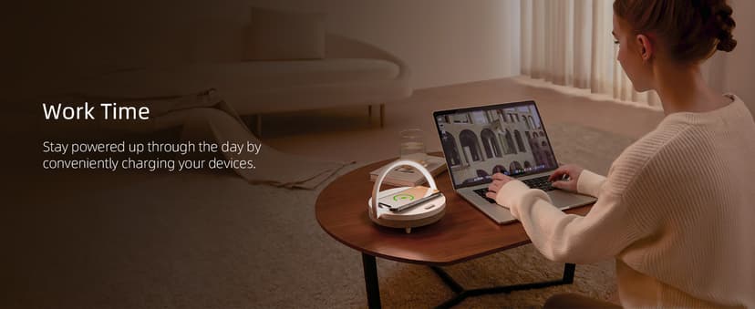 EZVALO Gift for Her, Music Table Lamp with Wireless Charger, 4 in 1 Touch Bedside Lamp, Portable Bluetooth Speaker, Phone Holder, Dimmable LED Night Lights Birthday Gifts for Women, Men, Dad, Mom