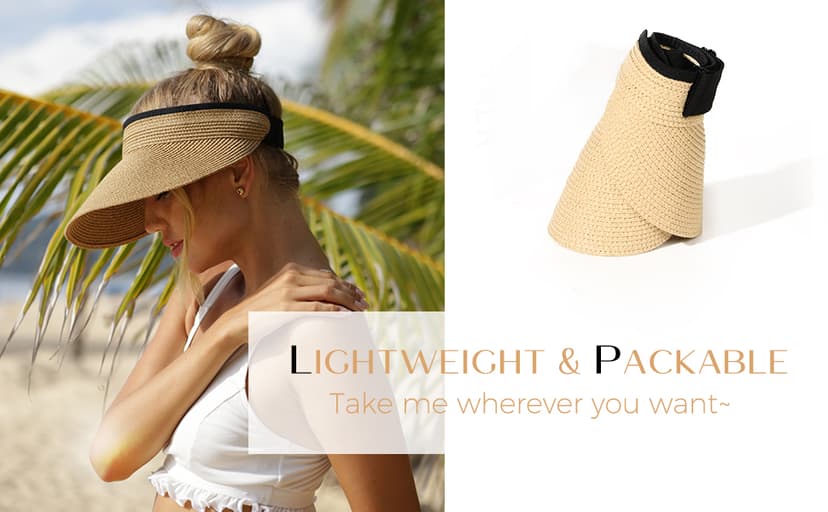 FURTALK Womens Sun Visor Hat Straw Sun Visors for Women Summer Packable Ponytail Beach Hats for Women Travel UPF 80+