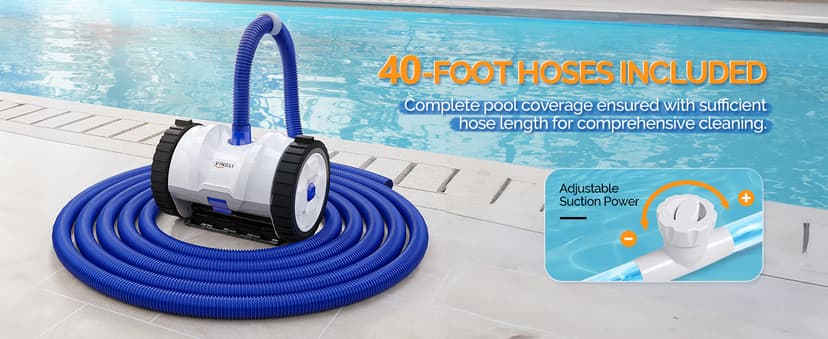 VINGLI Pool Vacuum Cleaner, Suction Side Wall-Climbing Sweeper for Ground&Inground Pools, Automatic Pool Vacuum with 39.6ft Tangle-Free Hose (Navy Blue&White)