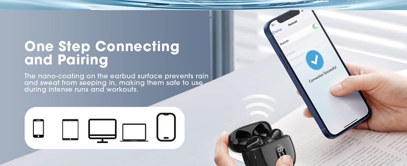 wyness Wireless Earbuds Bluetooth 5.3 Ear Buds, Hi-Fi Stereo Bass Ear Buds with 48H Playtime & LED Display, Lightweight in-Ear Headphones with Mic, IPX7 Waterproof, Touch Control for iPhone Black