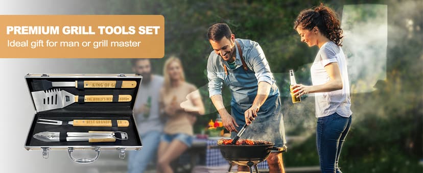 Grandpa Gifts from Grandkids, Fathers Day Grandpa Gift Heavy Duty Wooden BBQ Grilling Accessories Kit for Backyard, Thick Stainless Steel Grill Utensils with Non-Slip Handle Tools in Portable Bag