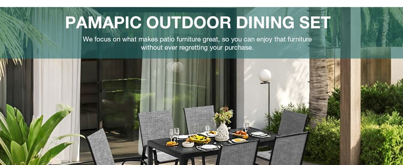 Pamapic Outdoor Dining Sets for 6, Rectangular Steel Slat Table with 6 Textilene Chairs, 7 Piece Patio Table and Chairs Set with Umbrella Hole for Patio, Garden, Backyard and Poolside (Grey)