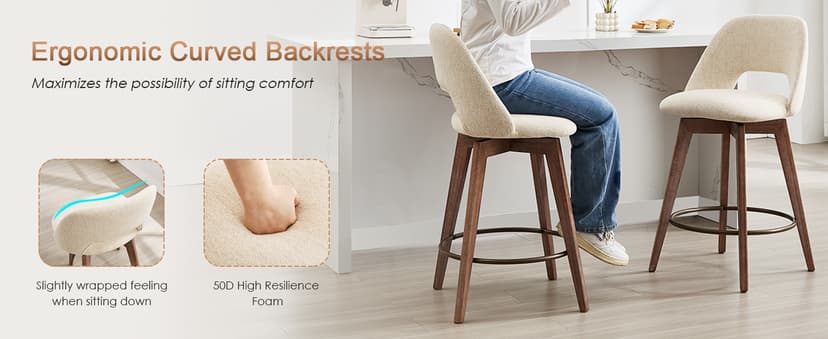 Zesthouse Swivel Farmhouse Bar Stools Set of 4, 26" Modern Counter Stools with Open Back & Natural Wood Legs, Upholstered Linen Fabric Counter Height Barstools, High Chairs for Island Kitchen, Green
