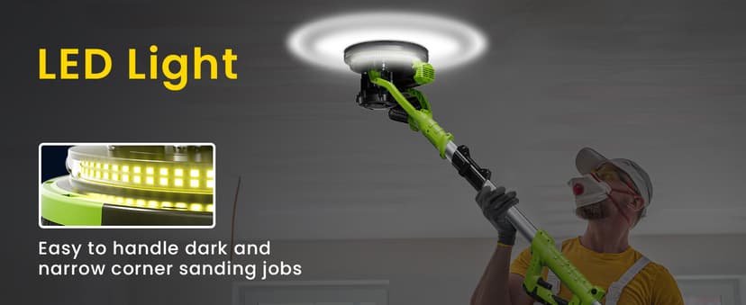 WorkBless Drywall Sander, 1050W 7.2A Popcorn Ceiling Removal Tool, Automatic Drywall Sander with Vacuum Dust Collector, 7 Variable Speed 1000-2100RPM, 15Pcs Sanding Discs(Green)