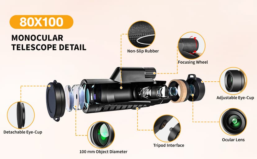 Monocular Telescope 80x100 HD Monoculars for Adults with Tripod & Phone Adapter, Monoculars for Bird Watching Stargazing Camping Hiking Hunting Wildlife Travel-Black