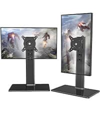 Single LCD Computer Monitor Free-Standing Desk Stand Mount Riser for 13 inch to 32 inch screen with Swivel, Height Adjustable, Rotation, Vesa Base Stand Holds One (1) Screen up to 77Lbs(HT05B-001))