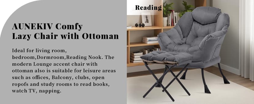 Lazy Chair with Ottoman, Comfy Accent Lounge Chair with Side Pocket, Modern Reading Armchair with Footrest, Upholstered Sofa Chair for Small Spaces, Bedroom, Living Room, Dorm, Darkgrey