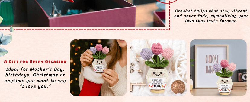 Gifts for Mom from Daughter Son - Cute Christmas, Mothers Day, Birthday Gifts for Moms - 5.51'' x 4.13'' Knitted Positive Tulip Flowers Mom Crochet Doll