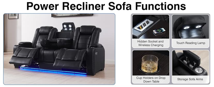 THSUPER Black Leather Power Recliner Sofa Loveseat Sets with Arm Storage and Power Headrest, Leather Living Room Reclining Sofa and Loveseat Set with Cup Holders and Bluetooth Speaker. | Breathable material, LED ambient light, Reading light, Hidden outlet, USB and Type-C port