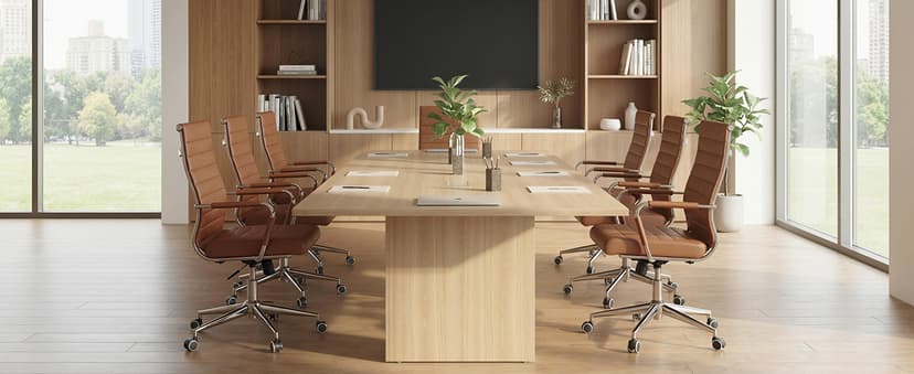 Okeysen Office Desk Chair, Ergonomic Leather Modern Conference Room Chairs, Executive Ribbed Height Adjustable Swivel Rolling Chair for Home Office. (Brown)