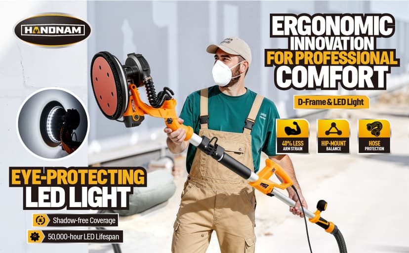 Electric Drywall Sander, 950W Drywall Power Sander with Vacuum Dust Collector, Variable Speed 800-2100RPM, LED Light, Dustless Wall Sander for Drywall, Popcorn Ceiling, Corner etc