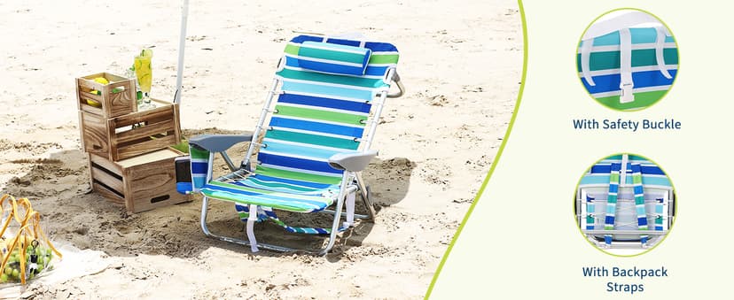 GarveeLife Backpack Beach Chair for Adults 2 Pack, Lightweight Portable Lay Flat Folding Beach Chair with 5 Positions, Backpack Straps, Phone Pocket, Cup Holder & Towel Bar, Support to 350LBS