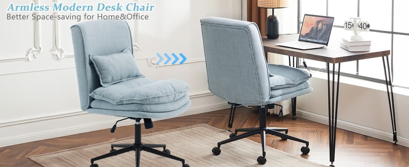 VINGLI Cloud Criss Cross Legged Chair,18" High Back Armless Home Office Desk Chair with Wheels,Wide Adjustable Comfy Padded Seat Task Computer Chair,Modern Swivel Makeup Vanity Chair,Fabric,Blue