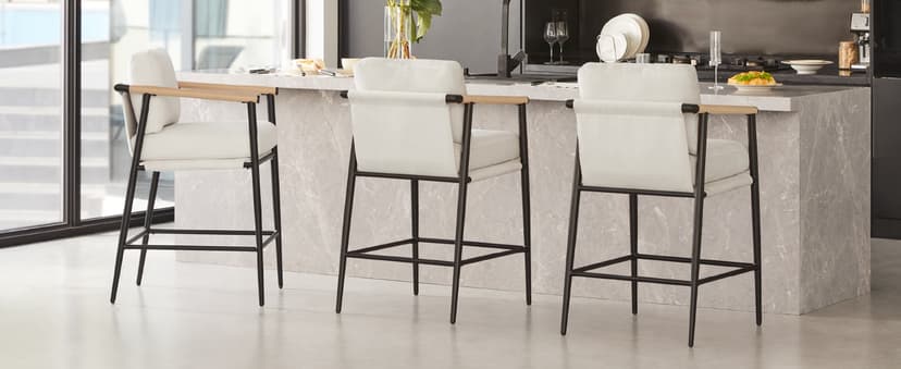 Watson & Whitely Mid Century Modern Barstools Set of 2, 26" H Upholstered Counter Height Bar Stools with Wood Armrests and Metal Legs, Fabric in Beige