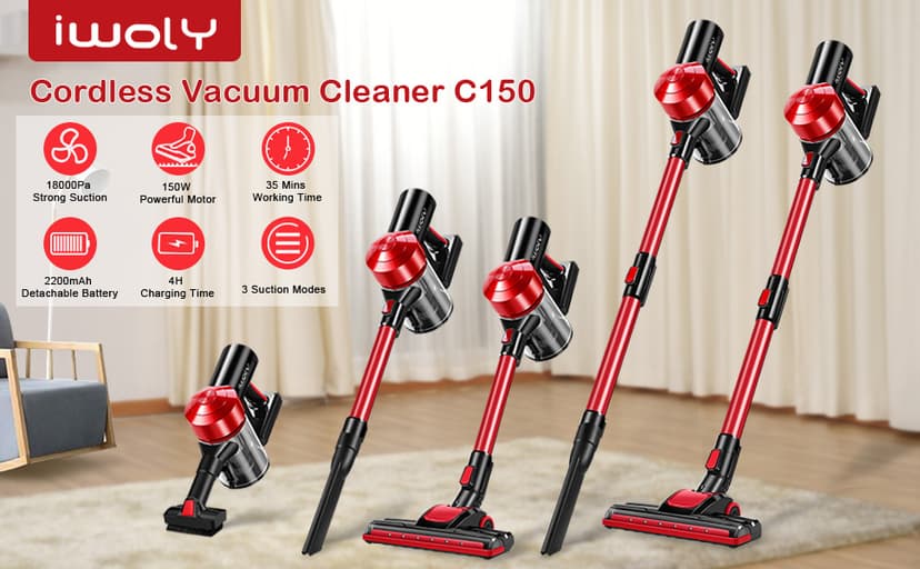 iwoly C150 Cordless Vacuum Cleaner Rechargeable with 2200mAh Detachable Battery, 18000Pa Cyclone Vacuum with HEPA Filter, Lightweight Portable Handheld Stick Vacuum for Hard Floor Car Cleaning