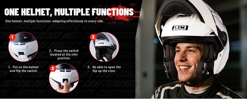 LEM Modular Motorcycle Helmets Fiberglass, Full Face Motorcycle Helmet Flip Up for Touring, DOT Certified, Release Sun Visor & Removable Comfort Liner, Lightweight Street Bike Helmet (White, M)