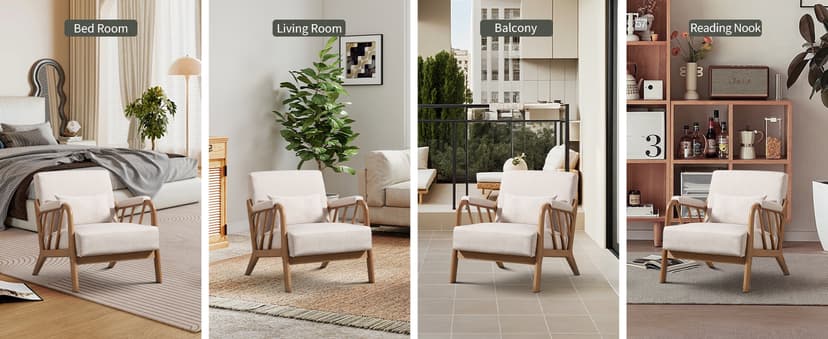 IOMOR Mid Century Modern Accent Chair with Solid Wood Frame Linen Fabric, Upholstered Living Room Chairs with Lumbar Cushion Padded Arms, Reading Armchair for Bedroom (1, Warm Beige)