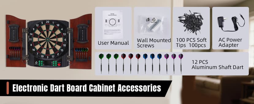 Electronic Dart Board with Wooden Door, Electric Dartboard with Heckler & Light Effects, Digital Soft Tip Dartboards for Game Room Man Cave Bar, 12 Darts, 100 Soft Tips