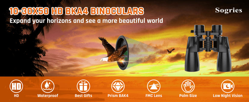 10-30x50 Zoom Binoculars for Adults, High Powered Military Binoculars for Bird Watching Traveling Hunting Concerts with Large View,BAK4,FMC Lens,Clear Low Light Vision at Night