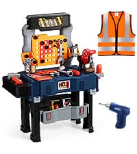 Deejoy Tool Set with Tool Box & Electronic Toy Drill, Pretend Play Kids Construction Kits for Kids Ages 3-5 Years Old, Toddler Boy Toys(Orange)